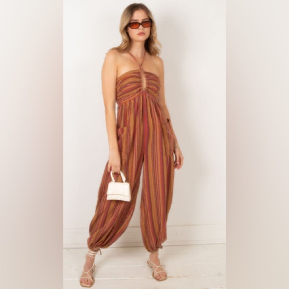 Free People Striped Halter Jumpsuit in Rust Multi - Picture 2 of 10